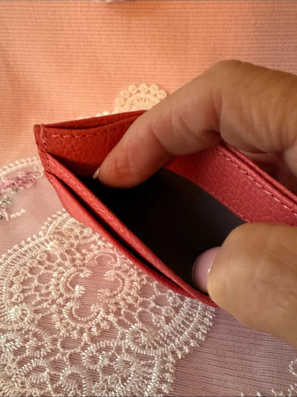 Pom Pom Coral Card Holder - Slim Leather Wallet